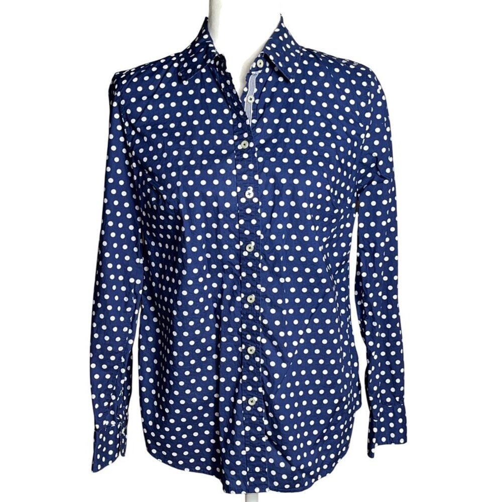 Talbots Blue Polka Dot Shirt Button Up Cotton Blouse Career Preppy Layer Women S - Picture 1 of 9